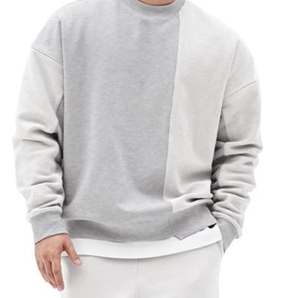 Mens Patchwork Crewneck Sweatshirt Long-Sleeve Lightweight Terry Sweatshirt